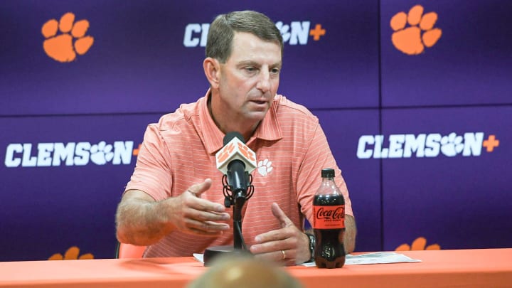 Clemson football Head Coach Dabo Swinney speaks during a press conference at the Smart Family Media Center in Clemson, S.C. Tuesday, August 27, 2024. Clemson plays University of Georgia at the Mercedes-Benz Stadium in Atlanta, Georgia Saturday, August 31 at noon.