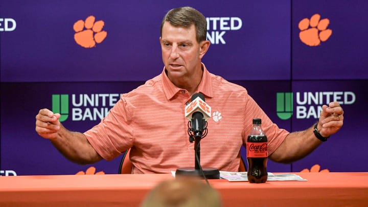 Clemson football Head Coach Dabo Swinney speaks during a press conference at the Smart Family Media Center in Clemson, S.C. Tuesday, August 27, 2024. Clemson plays University of Georgia at the Mercedes-Benz Stadium in Atlanta, Georgia Saturday, August 31 at noon.