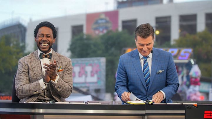 College Gameday hosts Desmond Howard, and 
Rece Davis during the Broadcasting of the show before the match off between Texas Longhorns and Oklahoma Sooners in NCAA college football game at the Cotton Bowl on Saturday, Oct. 7, 2023 in Dallas, Texas. This game makes up the119th rivalry match up.