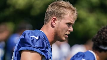 Indianapolis Colts Player Hunter Wohler (30) stretches with team mates during the Colts training camp at Grand Park on Saturday, July 26, 2025, in Westfield, Ind.