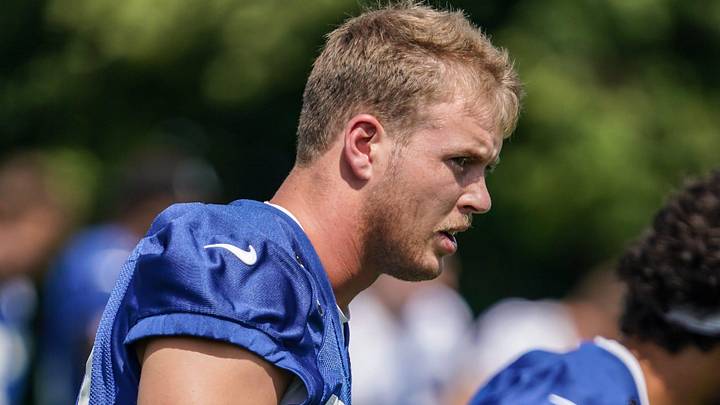 Indianapolis Colts Player Hunter Wohler (30) stretches with team mates during the Colts training camp at Grand Park on Saturday, July 26, 2025, in Westfield, Ind.