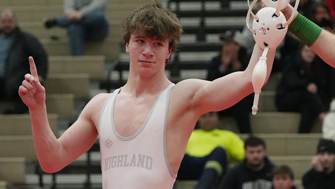 Highland’s Brandon Bickerton celebrates his win in the 120 pound weight class during the championship round of the Brecksville Invitational Holiday Tournament at Brecksville-Broadview Heights High School on Dec. 30, 2025. Highland’s Brandon Bickerton celebrates his win in the 120 pound weight class during the championship round of the Brecksville Invitational Holiday Tournament at Brecksville-Broadview Heights High School on Dec. 30, 2025.