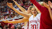 Indiana's Julianna LaMendola (20) celebrates a three-pointer during the Indiana versus Brown women's basketball game at Simon Skjodt Assembly Hall on Monday, Nov. 4, 2024.