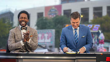 College Gameday hosts Desmond Howard, and Rece Davis during the show's broadcast before the match-off between Texas Longhorns and Oklahoma Sooners in the NCAA college football game at the Cotton Bowl on Saturday, Oct. 7, 2023, in Dallas, Texas. 