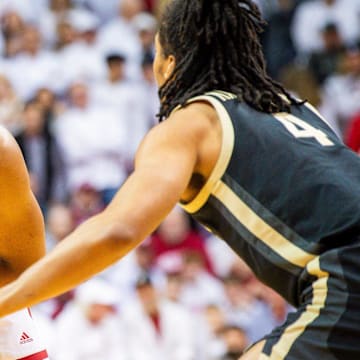 Indiana's Malik Reneau (5) looks to pass with Purdue's Trey Kaufman-Renn defending him at Assembly Hall.