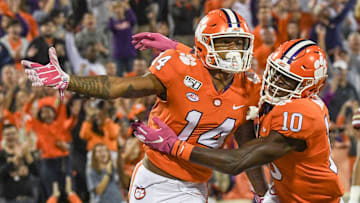 Clemson wide receiver Diondre Overton (14) his hugged by teammate wide receiver Joseph Ngata (10) in the end zone during the first quarter at Memorial Stadium before the game with Boston College in Clemson, South Carolina Saturday, October 26, 2019.

Clemson Pregame Bc