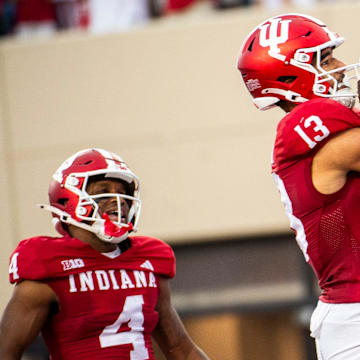 Indiana's Elijah Sarratt (13) celebrates a touchdown during the Indiana versus Western Illinois football game at Memorial Stadium on Friday, Sept. 6, 2024.