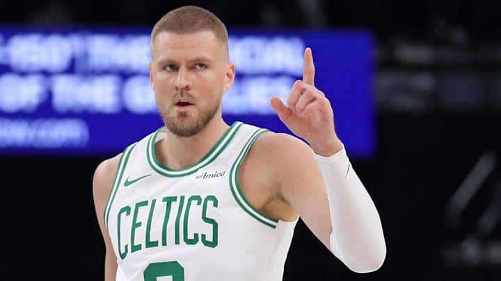Kristaps Porzingis #8  of the Boston Celtics reacts against the Memphis Grizzlies.