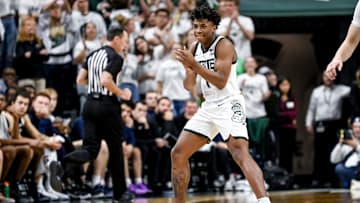 Michigan State's Jeremy Fears Jr. celebrates after making a 3-pointer against Butler during the