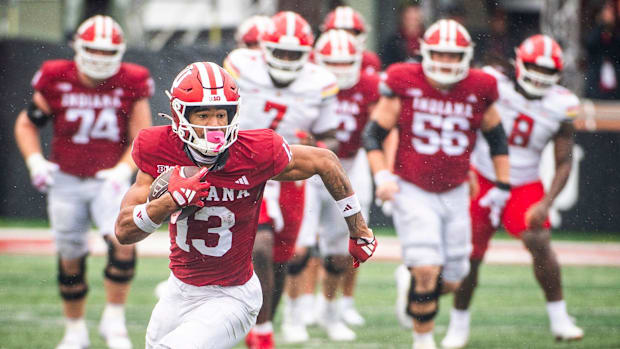Wide receiver Elijah Sarratt runs after the catch against Maryland.