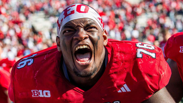 Indiana's Matthew Bedford (76) celebrates after defeating the Wisconsin Badgers at Memorial Stadium.