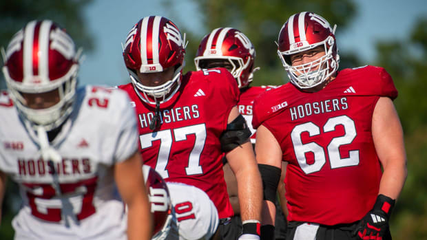 Indiana University's Drew Evans (62) stands to stretch during fall practice at the Mellencamp Pavilion at Indiana University 