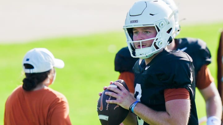 Texas Longhorns quarterback Quinn Ewers during the first day with pads of the fall football camp at Denius Fields on Monday, August 5, 2024.