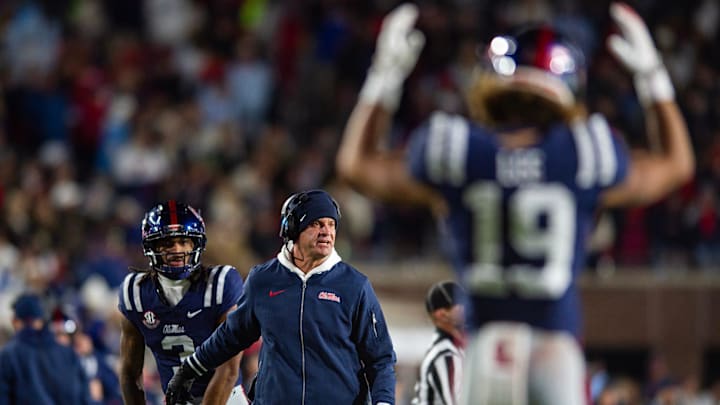 Mississippi's head coach Lane Kiffin yells during the Egg Bowl game against Mississippi State at Vaught-Hemingway Stadium on Friday, Nov. 29, 2024. Mississippi's head coach Lane Kiffin yells during the Egg Bowl game against Mississippi State at Vaught-Hemingway Stadium on Friday, Nov. 29, 2024.