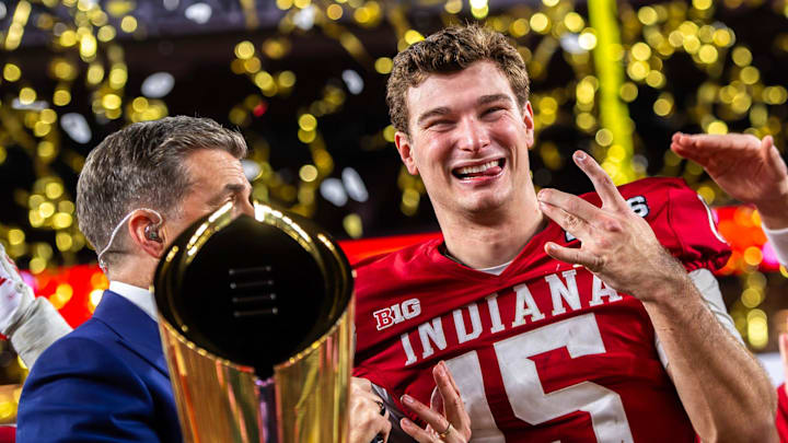Indiana's Fernando Mendoza (15) smiles as he celebrates after the College Football Playoff National Championship college football game at Hard Rock Stadium in Miami Gardens on Monday, Jan. 19, 2026.