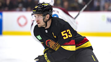 Jan 20, 2023; Vancouver, British Columbia, CAN; Vancouver Canucks forward Bo Horvat (53) skates against the Colorado Avalanche in the first period at Rogers Arena. Mandatory Credit: Bob Frid-Imagn Images
