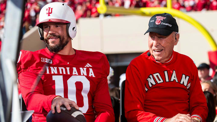 Kyle Schwarber and Lee Corso pick Indiana to win on College Gameday before the start of the Indiana versus Washington football game at Memorial Stadium on Oct. 26, 2024.