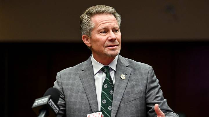 Michigan State University President-Elect Kevin Guskiewicz talks to the media on Monday, Dec. 11, 2023, at the Hannah Administration Building in East Lansing.