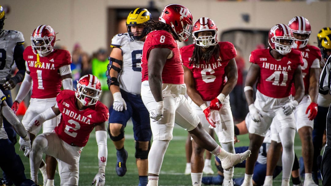 Indiana's CJ West (8) dances after his tackle during the Indiana versus Michigan football game at Memorial Stadium on Friday, Nov. 9, 2024.