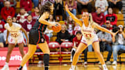 Indiana's Sydney Parrish (33) defends Stanford's Brooke Demetre (21) during the Indiana versus Stanford women's basketball game at Simon Skjodt Assembly Hall on Sunday, Nov. 17, 2024.