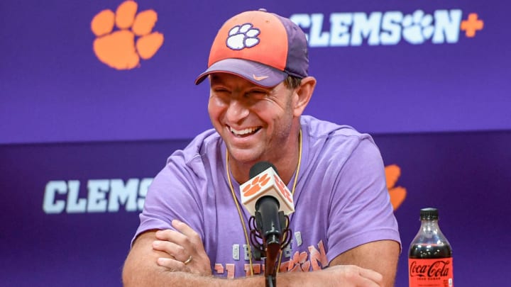 Aug 6, 2024; Pickens County, South Carolina, USA;  Clemson Tigers head coach football Dabo Swinney talks with media in the Smart Family Media Center in Clemson. 