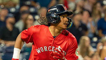 Worcester center fielder Jhostynxon Garcia hits a three-run double in the sixth inning against Lehigh Valley at Polar Park July 29.