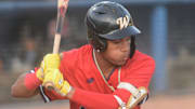 Brockton Rox's D'Angelo Ortiz, son of Red Sox great David Ortiz, looks at a Sea Unicorn pitch during a game at Dodd Stadium in Norwich, Conn.