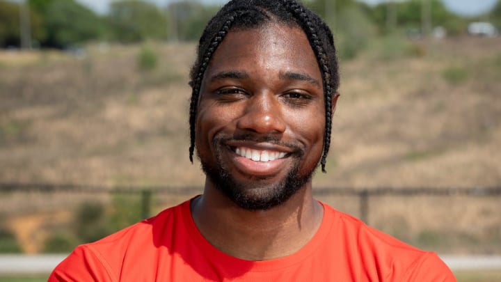 Noah Lyles poses for a portrait at the National Training Center Track in Clermont, Florida, on Wednesday, March 6, 2024. Lyles is an American sprinter looking toward multiple events and medals at the Paris Olympics. Lyles, who specializes in the 100 and 200 meters, would like to compete in the two short sprints in addition to the 4x100 and 4x400 relays at the Paris Olympics. At the 2020 Tokyo Olympics, Lyles won a bronze medal in the men's 200-meter.