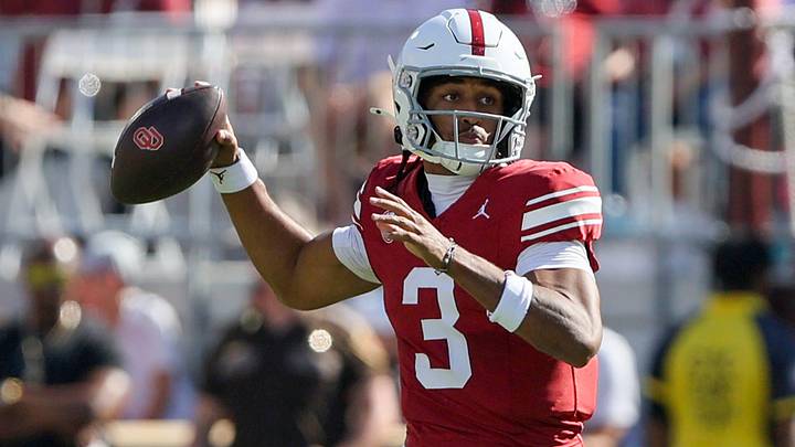Oklahoma quarterback Michael Hawkins Jr. (3) prepares to pass the ball during the first half of an NCAA football game between the Oklahoma Sooners (OU) and Kent State Golden Flashes at Gaylord Family - Oklahoma Memorial Stadium in Norman, Okla., Saturday, Oct. 4, 2025.