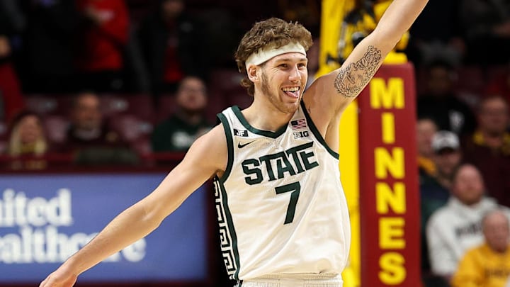 Dec 4, 2024; Minneapolis, Minnesota, USA; Michigan State Spartans guard Gehrig Normand (7) celebrates his three-point basket against the Minnesota Golden Gophers during the second half at Williams Arena. Mandatory Credit: Matt Krohn-Imagn Images
