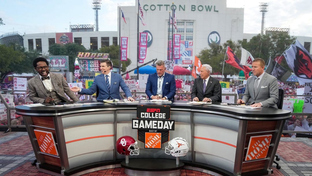 The Hosts of College Gameday during their show early morning before the NCAA college football game between Texas Longhorns Oklahoma Sooners at the Cotton Bowl on Saturday, Oct. 7, 2023 in Dallas, Texas. This game makes up the119th rivalry match up.