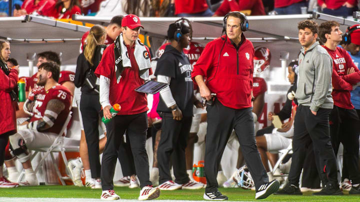 Indiana Head Coach Curt Cignetti walks the sidellines during the College Football Playoff National Championship college football game at Hard Rock Stadium in Miami Gardens on Monday, Jan. 19, 2026.