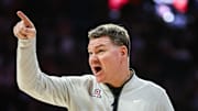 Nov 11, 2025; Tucson, Arizona, USA; Arizona Wildcats head coach Tommy Lloyd yells out towards players during the first half of the game against the Northern Arizona Lumberjacks at McKale Memorial Center. Mandatory Credit: Aryanna Frank-Imagn Images