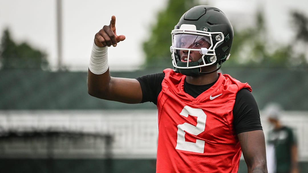 MSU QB Aidan Chiles seen Tuesday, July 29, 2025, during the first day of football practice at the Skandalaris Football Center.