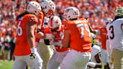 Oct 4, 2025; Blacksburg, Va.; Virginia Tech running back Marcellous Hawkins (27) celebrates after scoring a touchdown against Wake Forest.