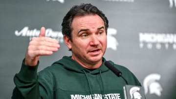 Michigan State coach Jonathan Smith talks the media on the first national signing day for college football recruits Wednesday, Dec. 20, 2023, at Spartan Stadium in East Lansing.