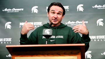 Michigan State coach Jonathan Smith talks the media on the first national signing day for college football recruits Wednesday, Dec. 20, 2023, at Spartan Stadium in East Lansing.