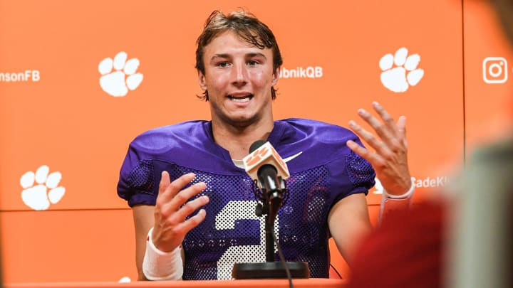 Clemson quarterback Cade Klubnik talks with media at the Smart Family Media Center in Clemson, S.C., Tuesday, August 13, 2024.