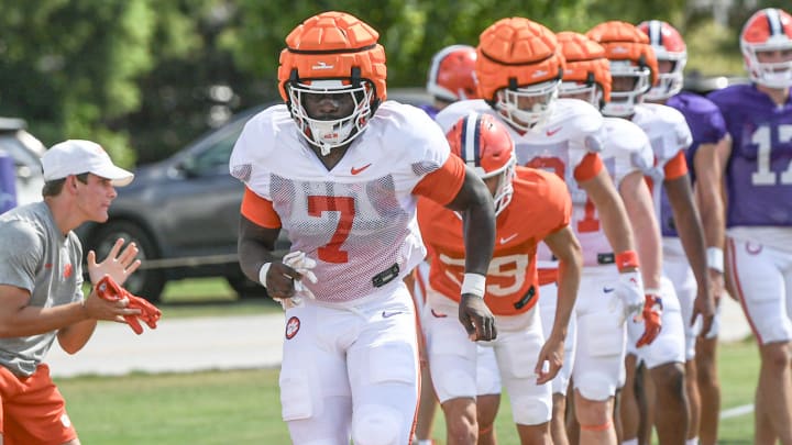 Clemson running back Phil Mafah (7) during Clemson football practice at Jervey Meadows in Clemson, S.C. Wednesday August 7, 2024.