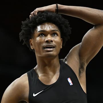 Apr 12, 2024; Portland, Oregon, USA; Houston Rockets forward Amen Thompson (1) pauses during warm ups before a game against the Portland Trail Blazers at Moda Center