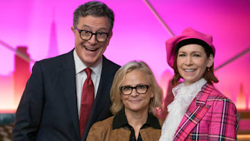 “Yes, And…” – Elsbeth. Pictured (L-R): Stephen Colbert as Scotty Bristol, Amy Sedaris as Laurel Hammond-Muntz, and Carrie Preston as Elsbeth Tascioni Photo: Michael Parmelee/CBS ©2025 CBS Broadcasting, Inc. All Rights Reserved.