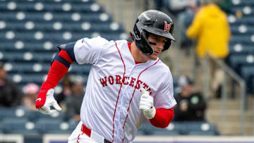 Worcester left fielder Roman Anthony runs on a fly ball against the Durham Bulls May 23.