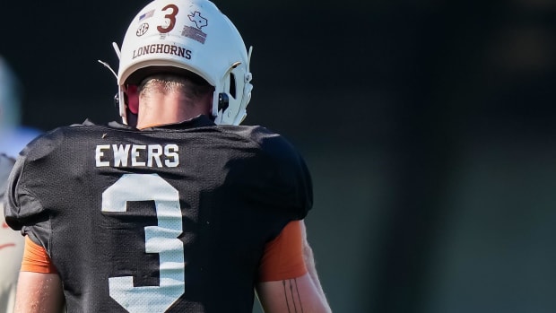 Texas Longhorns quarterback Quinn Ewers during the first day with pads of the fall football camp at Denius Fields on Monday, 