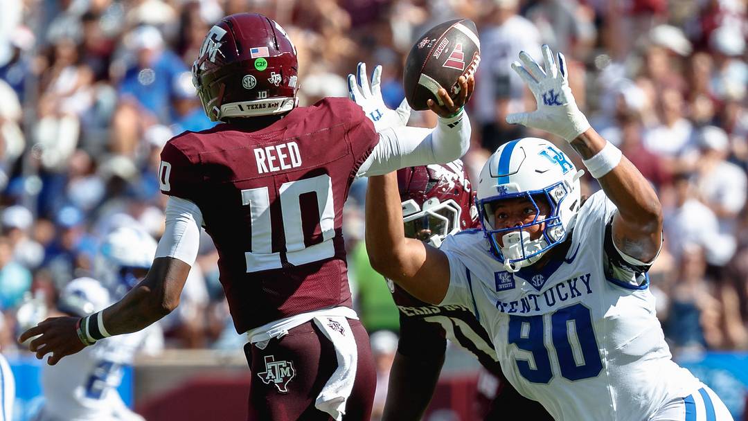 Quarterback Marcel Reed (10) attempts to throw the ball while Kentucky defensive lineman Mi’Quise Humphrey-Grace (90) attempts to sack during Texas A&M football’s game against Kentucky at Kyle Field on Saturday, Sept. 19, 2026. Quarterback Marcel Reed (10) attempts to throw the ball while Kentucky defensive lineman Mi’Quise Humphrey-Grace (90) attempts to sack during Texas A&M football’s game against Kentucky at Kyle Field on Saturday, Sept. 19, 2026.