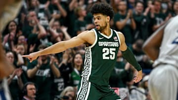 Michigan State's Malik Hall celebrates after making a 3-pointer against Penn State during the second