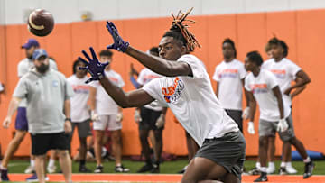 Cederian Morgan, Class of 2026 wide receiver of Benjamin Russell High school in Alexander City, Alabama, catches a ball during the 2024 Dabo Swinney Football Camp in Clemson in Clemson June 5, 2024. Morgan, 38th overall ranked in the ESPN300 2026 recruiting ranking list, announced on social media X (formerly known as Twitter) Clemson offered him June 5, 2024.