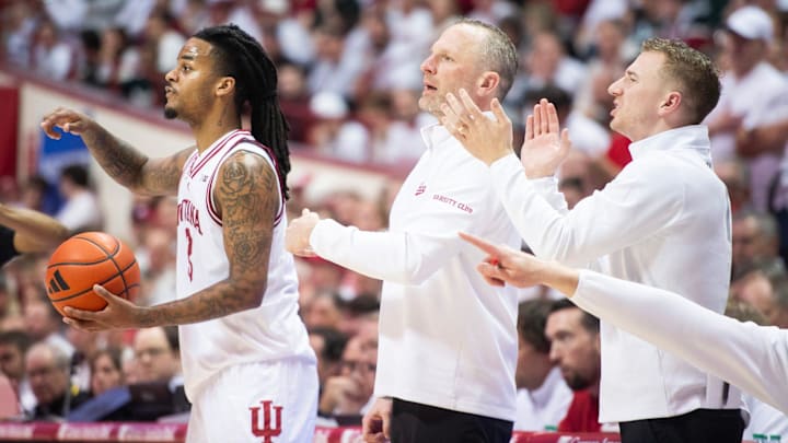 Indiana Head Coach Darian DeVries during the Indiana versus Michigan State men's basketball game at Simon Skjodt Assembly Hall on Sunday, March 1, 2026.