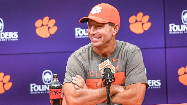 Clemson head coach Dabo Swinney talks with media before the Clemson first football August practice in Clemson, S.C. Thursday August 1, 2024.