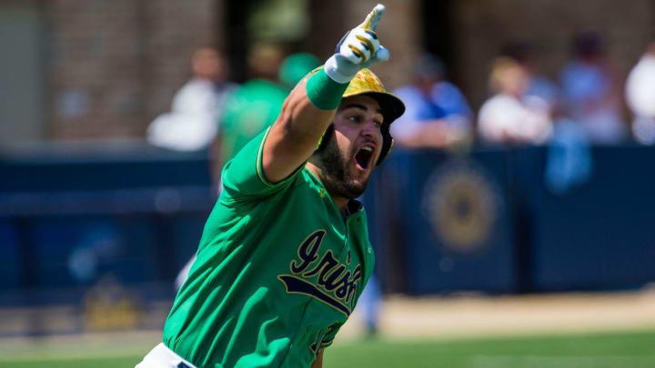 Notre Dame   s Niko Kavadas (12) celebrates a home run during the Notre Dame vs. Central Michigan NCAA tournament baseball game Friday, June 4, 2021 at Frank Eck Stadium in South Bend