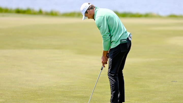 Michigan State's August Meekhof putts on hole No. 18 during the NCAA golf regional on Wednesday, May